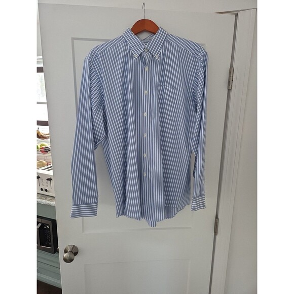 #55 LL Bean men's Large Regular blue white pinstripe wrinkle resistant button - Picture 1 of 4